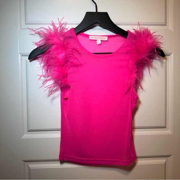 Hot & Delicious Tops - Hot Pink Feathered Sleeve Crop Top size small